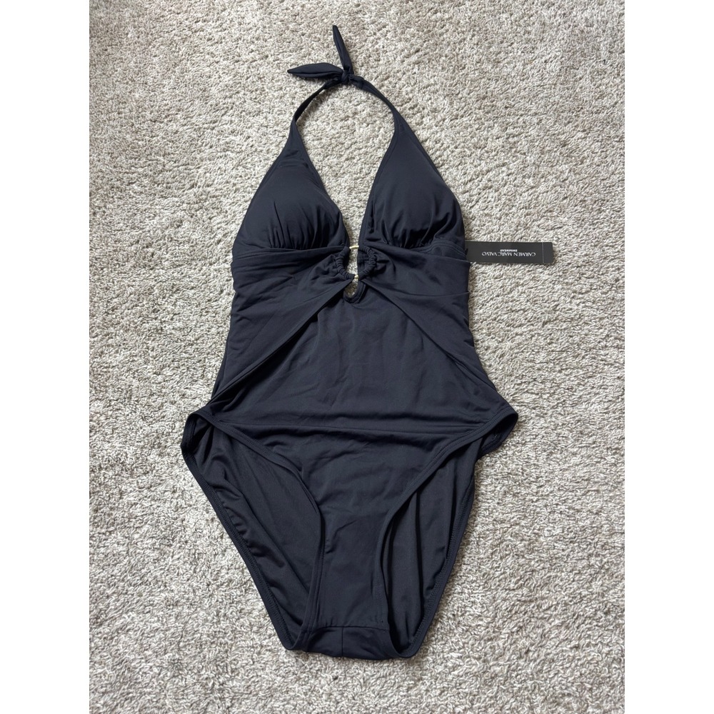 Carmen Marc Valvo Black Halter One Piece Swimsuit C1N094 Size 14 NWT